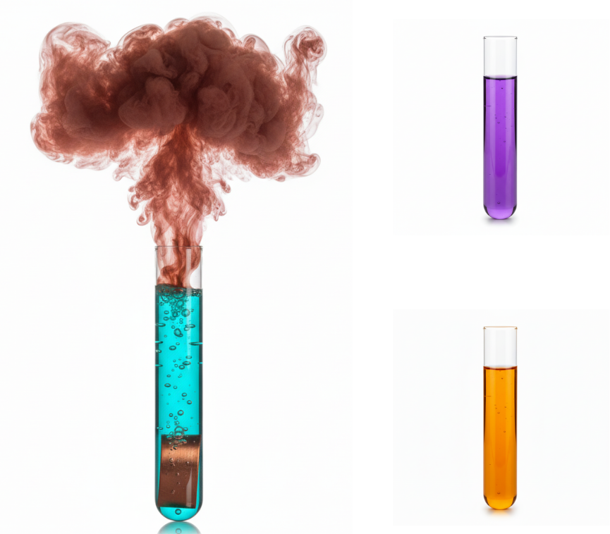Probówki chemiczne z kolorowymi roztworami – doświadczenie laboratoryjne z efektowną reakcją i dymem