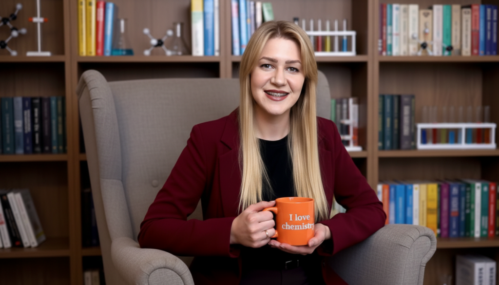 Nauczycielka chemii do matury siedzi na fotelu uśmiechnięta i pije kawę z kubka z napisem I love chemistry