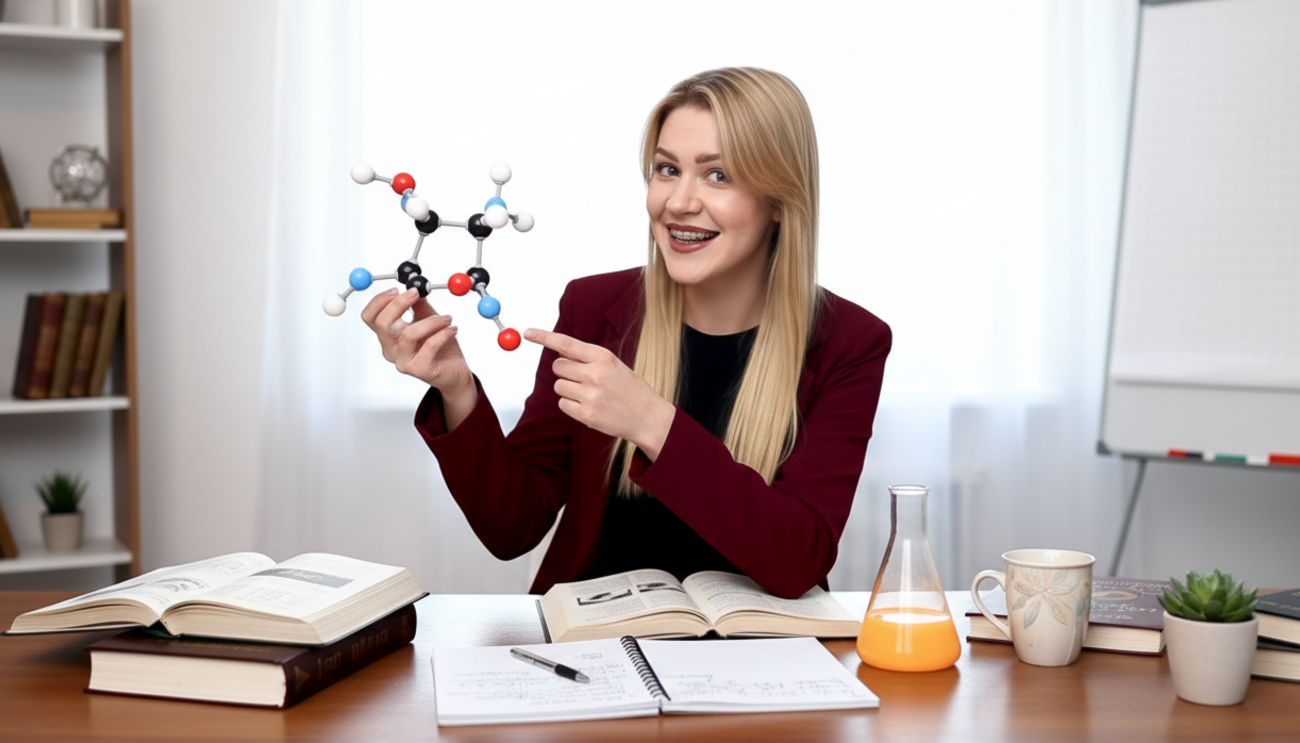 Uśmiechnięta nauczycielka chemii trzymająca w ręku model cząsteczki. Siedzi przy biurku.